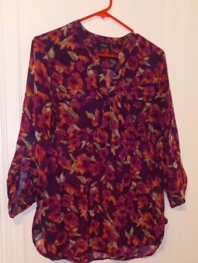 women med sheer 3/4 roll sleeve top, purple pink gray